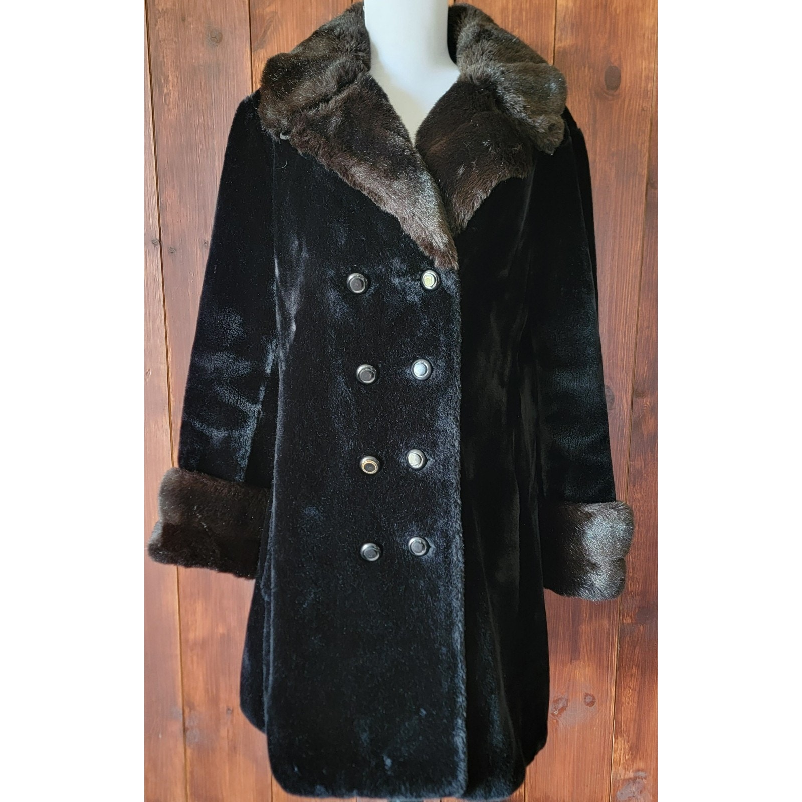 Vintage Borgazia Large Faux Fur Coat Dubrowsky & Joseph Black Brown Cuffs Collar